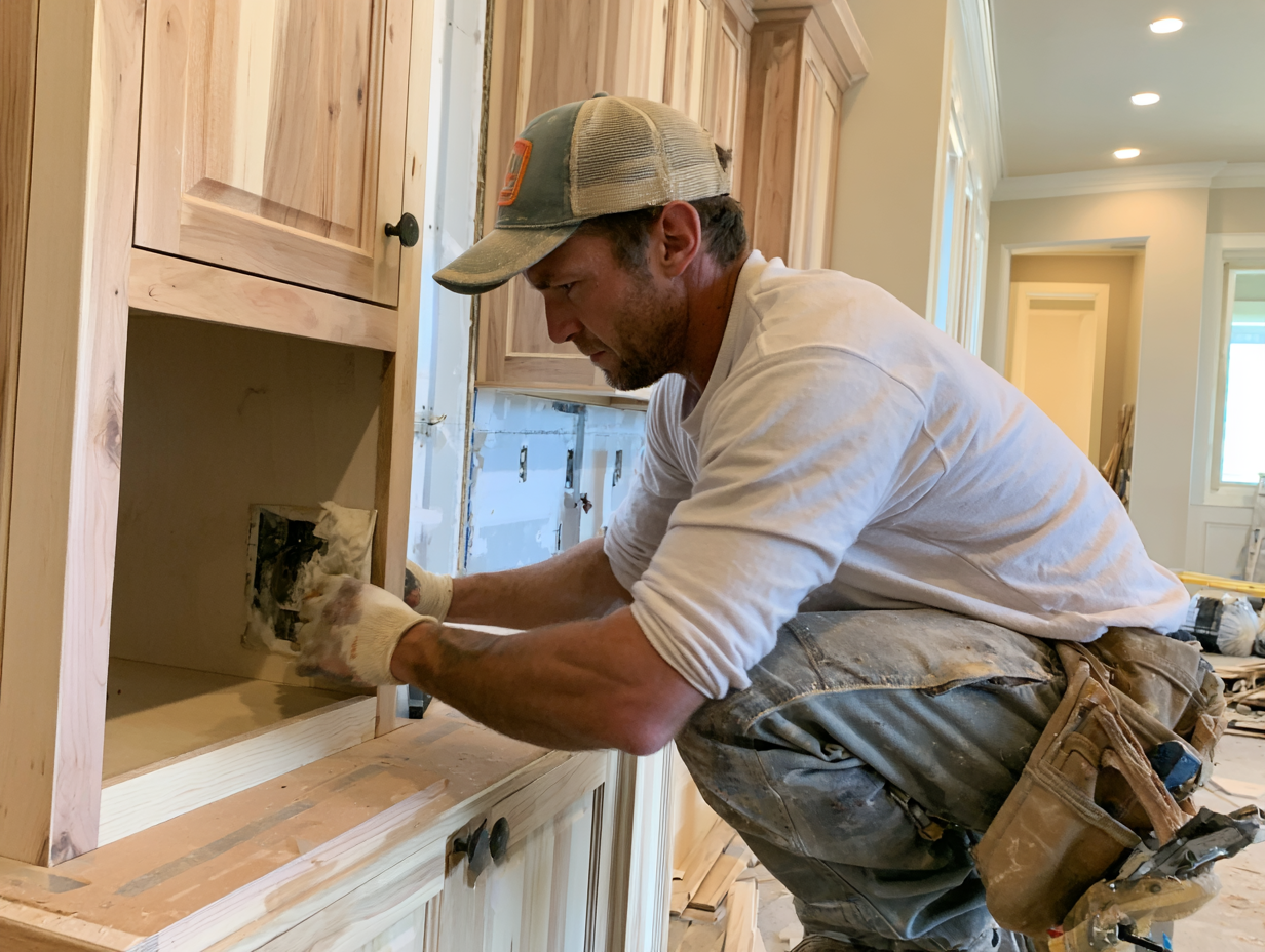 Carpenter installing custom kitchen cabinets