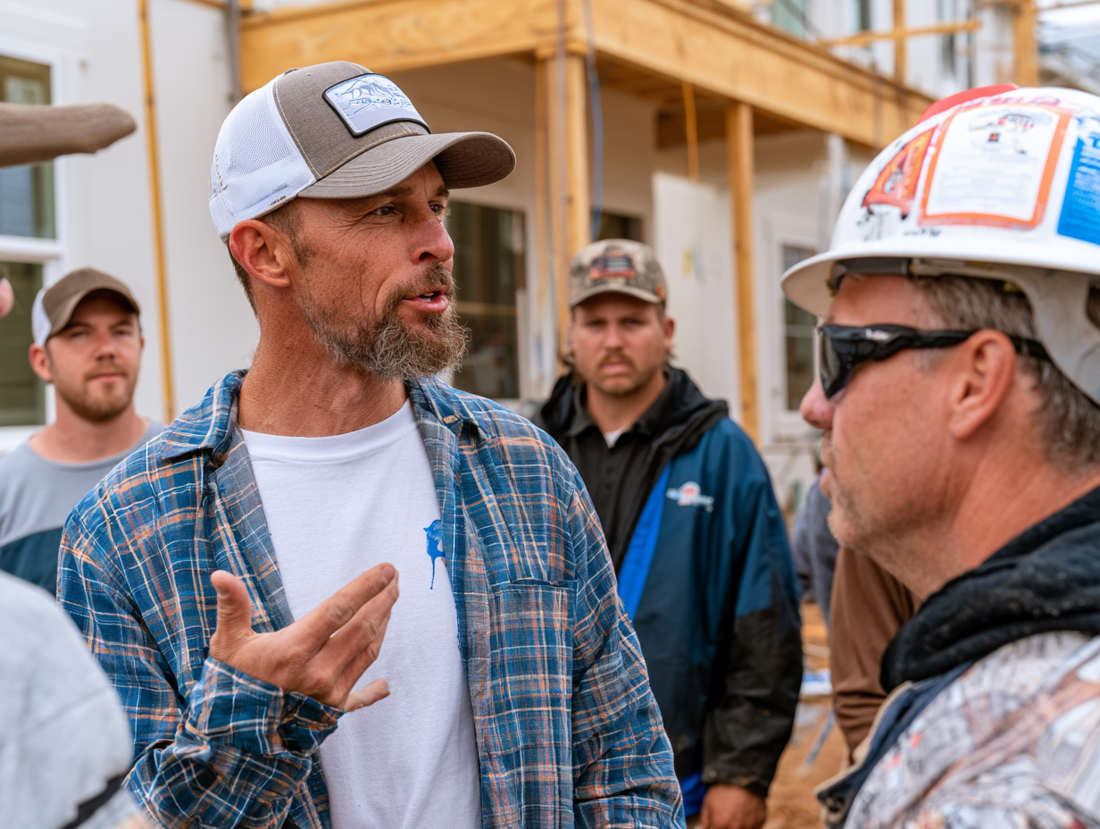 General contractor briefing his crew on a jobsite