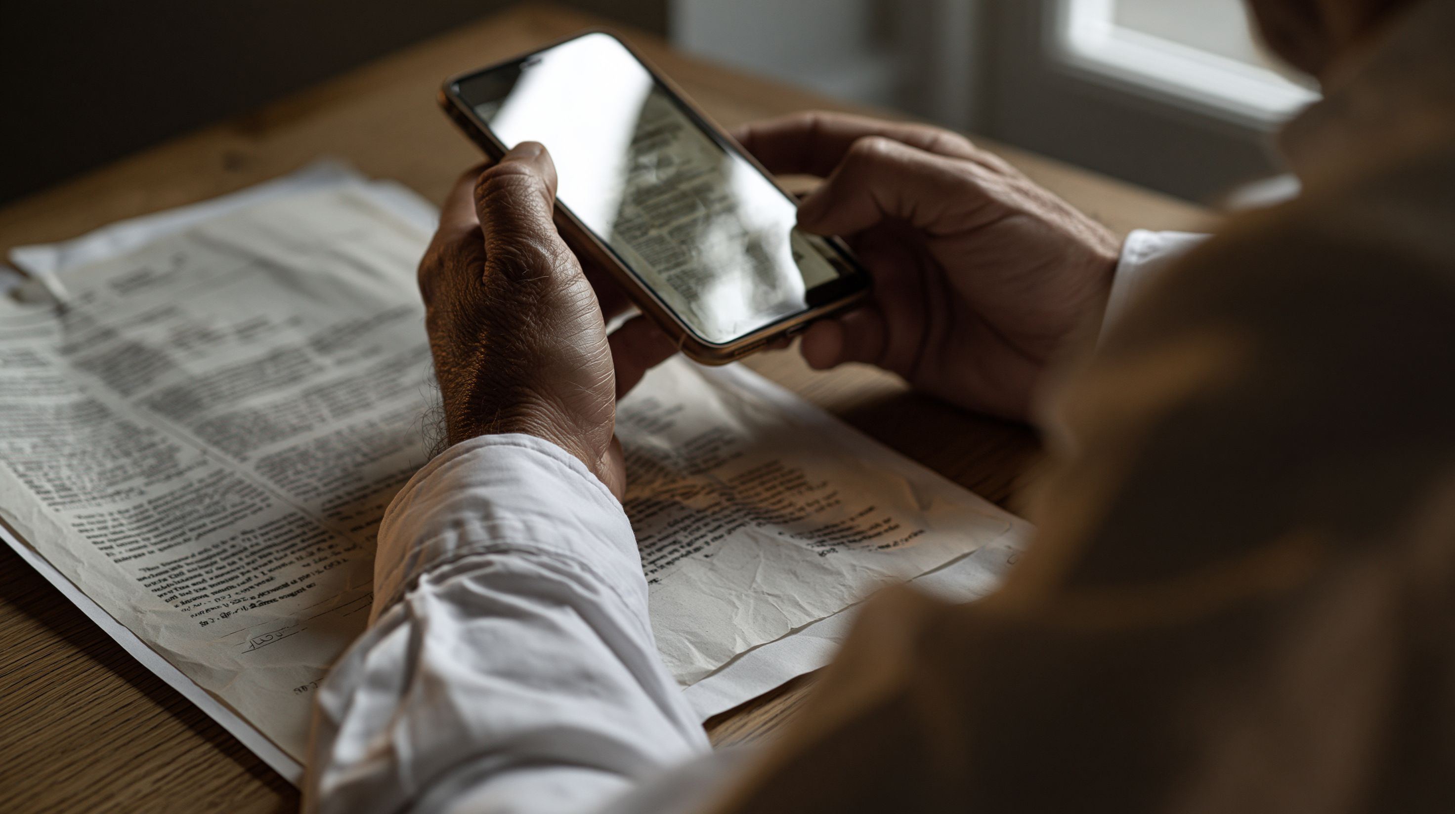 Homeowner reading reviews on a phone over paperwork at a kitchen table